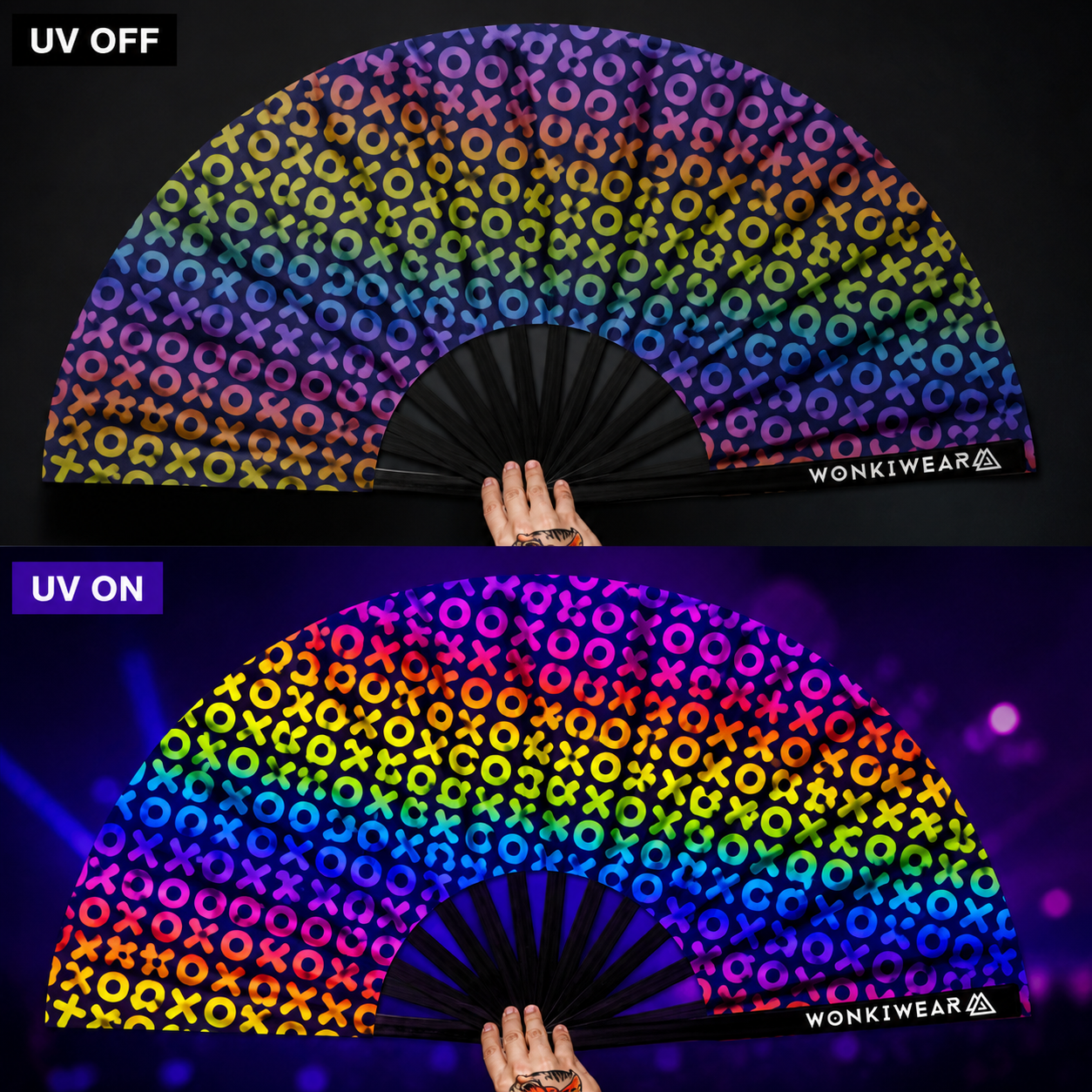 XL UV Reactive XOXO Festival Fan – Multicoloured Hugs & Kisses Rave Fan