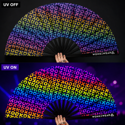 XL UV Reactive XOXO Festival Fan – Multicoloured Hugs & Kisses Rave Fan