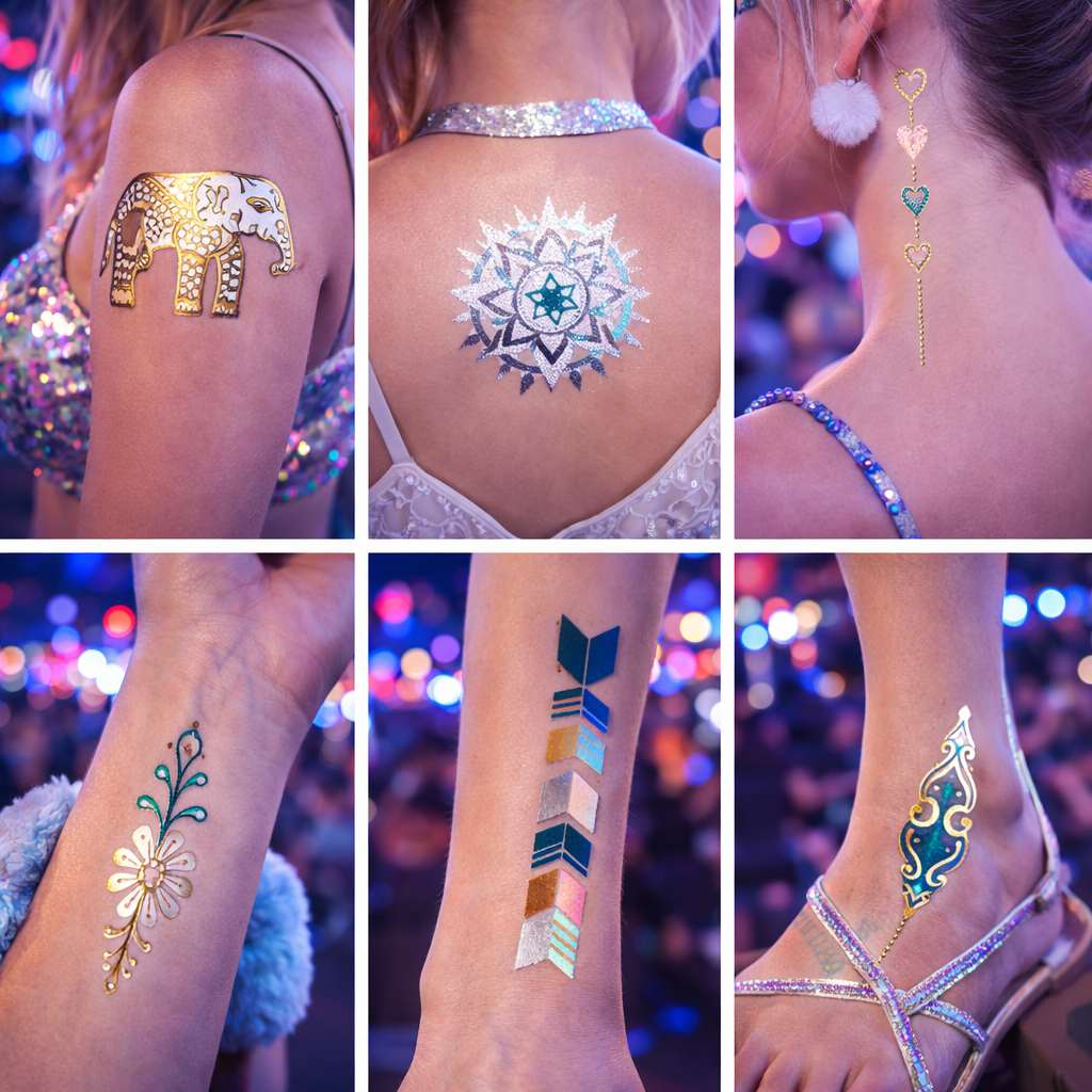 Festival Temporary Tattoos – Zazen Metallic Gold, Silver & Teal Face & Body Tattoos