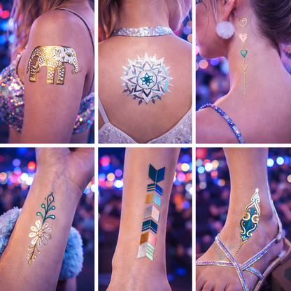 Festival Temporary Tattoos – Zazen Metallic Gold, Silver & Teal Face & Body Tattoos